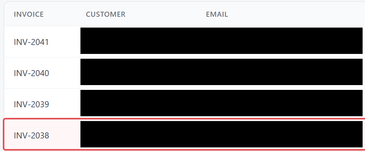 The same rows in the exported PNG: the customer names and emails replaced by solid blocks