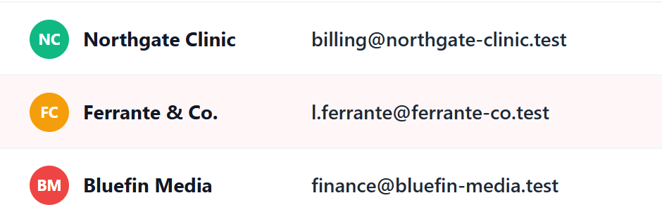 Three rows of an invoice table with customer emails readable