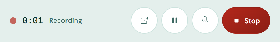 The floating recording control bar: elapsed time, pause, microphone and Stop