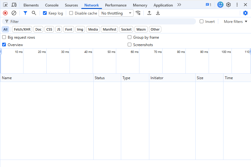 Chrome DevTools, Network tab, after a capture was annotated, downloaded and copied in the ClarShot editor: the request list is empty