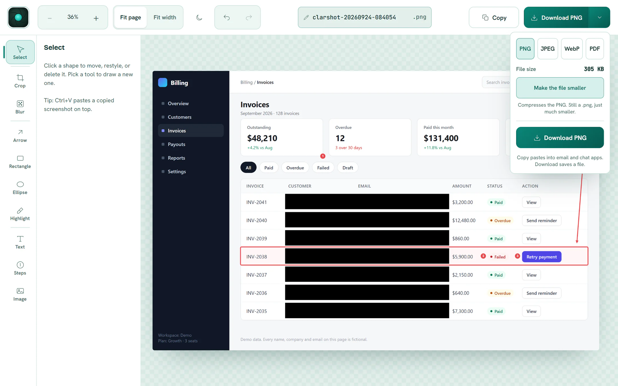 The ClarShot editor with a full-page capture of an invoice table