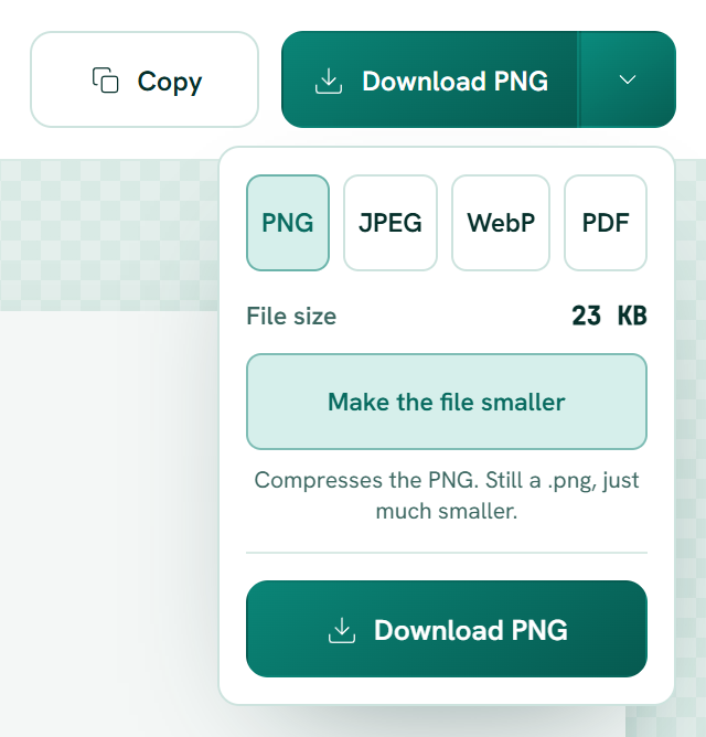 The ClarShot download menu with PNG, JPEG, WebP and PDF