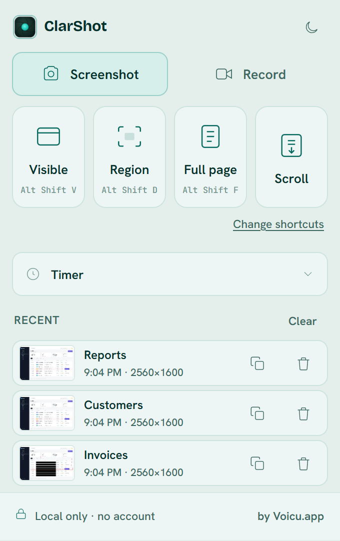 The ClarShot popup with its capture tiles: Visible, Region, Full page and Scroll, a timer, and the Recent list