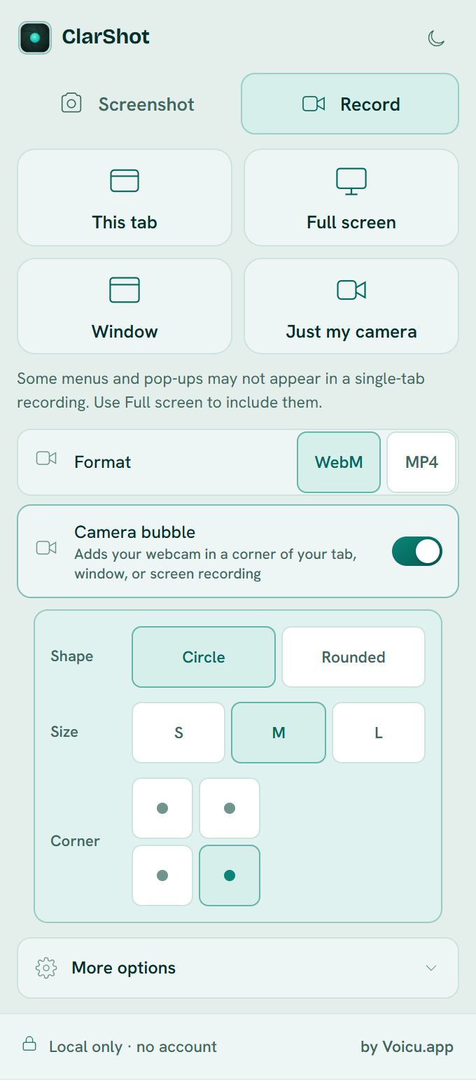 The Record tab of the ClarShot popup: This tab, Full screen, Window, Just my camera, the WebM or MP4 format, and the camera bubble options