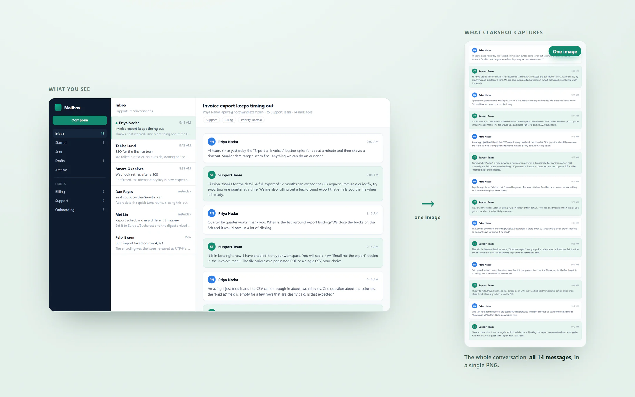 A support thread in a mail app, and ClarShot's capture of the whole thread in one tall image